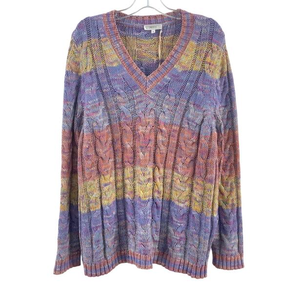 Mona Purple Beige Striped Cable Knit V-Neck Pullover Sweater Cotton Women 14 NWT - Picture 1 of 5